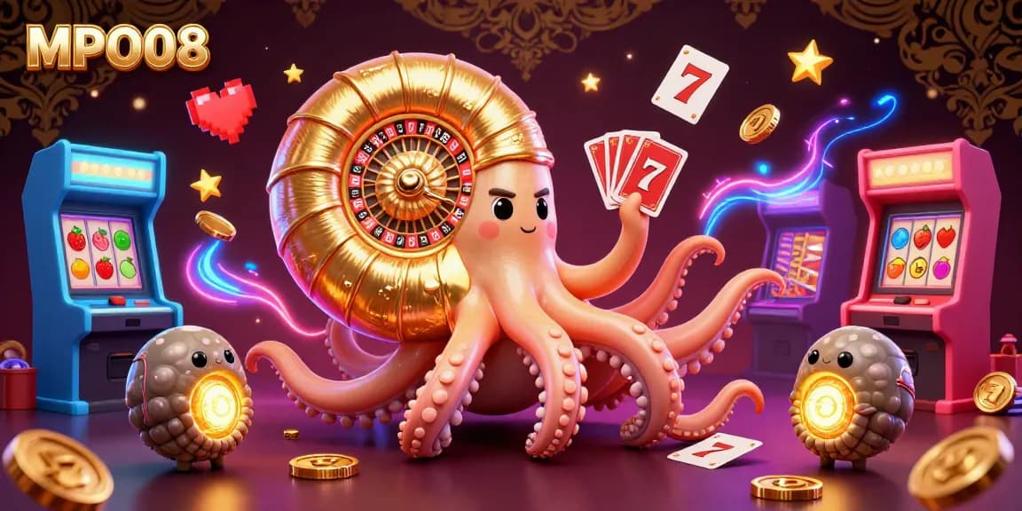 Experience the excitement of MPO08 with a vibrant 3D casino scene featuring classic slot machines and dynamic characters.