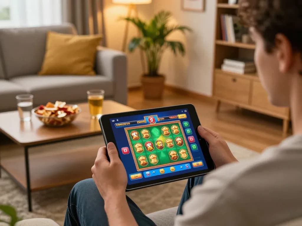 Engaged player enjoying ytr88 online slot games in a cozy home setting.