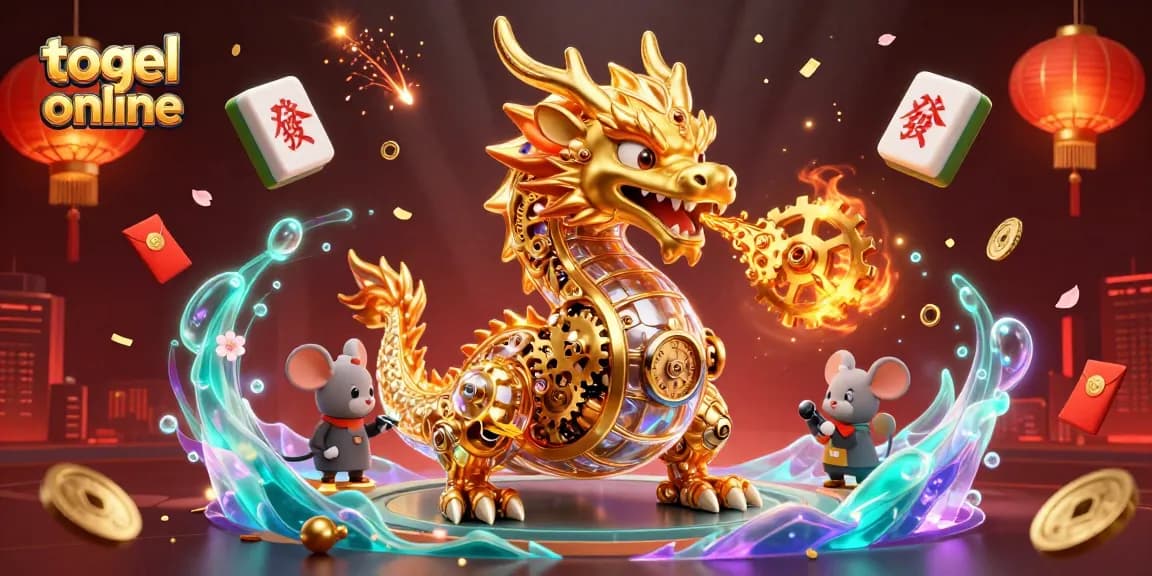 Experience togel online in a vibrant fantasy scene with a golden dragon and dynamic gambling elements.