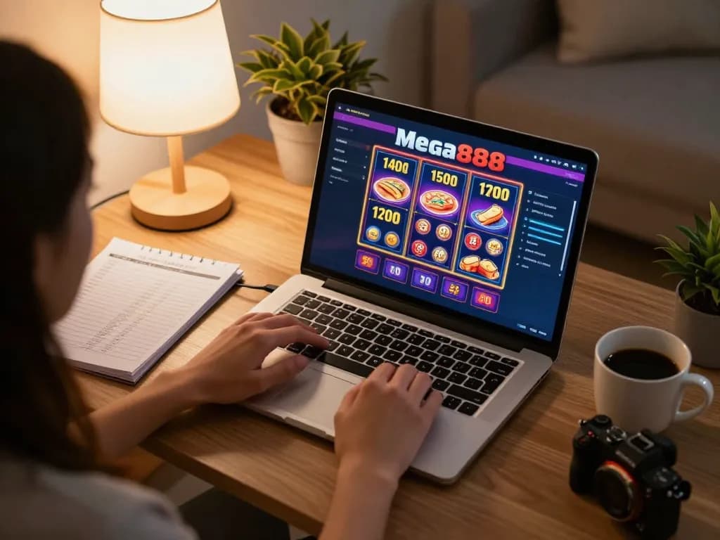 Mega888 gaming interface displayed on a laptop with warm home ambiance for strategic online play