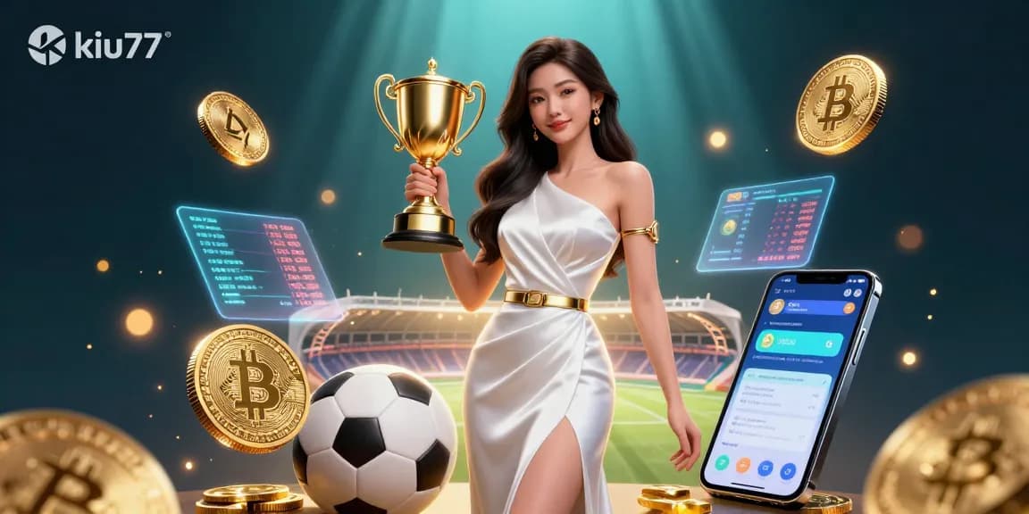 Win big with kiu77 as a victorious Asian woman celebrates with a golden trophy amidst vibrant sports betting visuals.