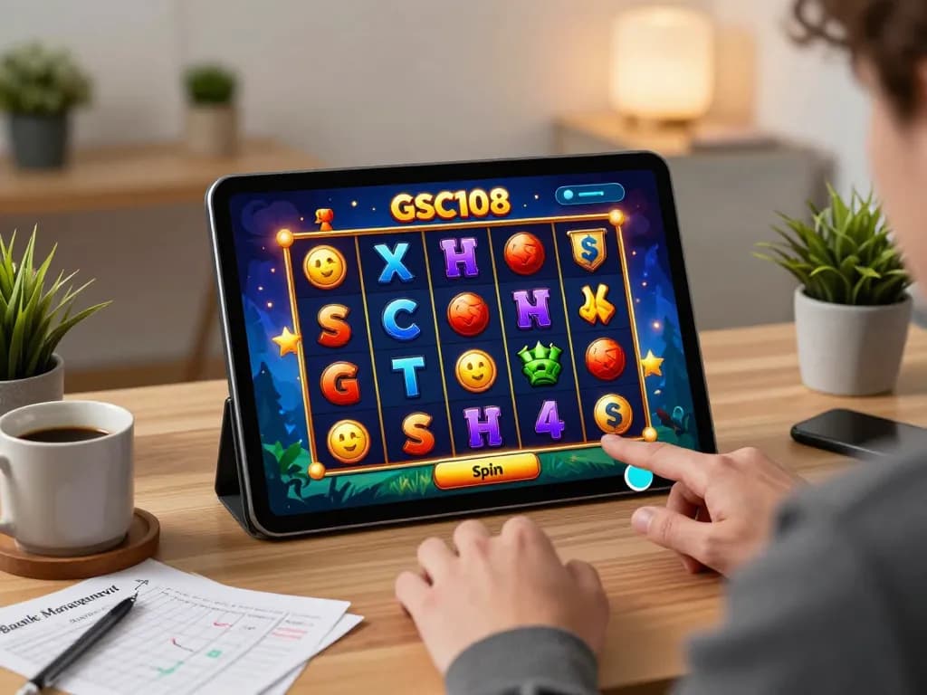 Engaging online gaming experience with Gsc108's animated slot game reels and player pressing spin button.