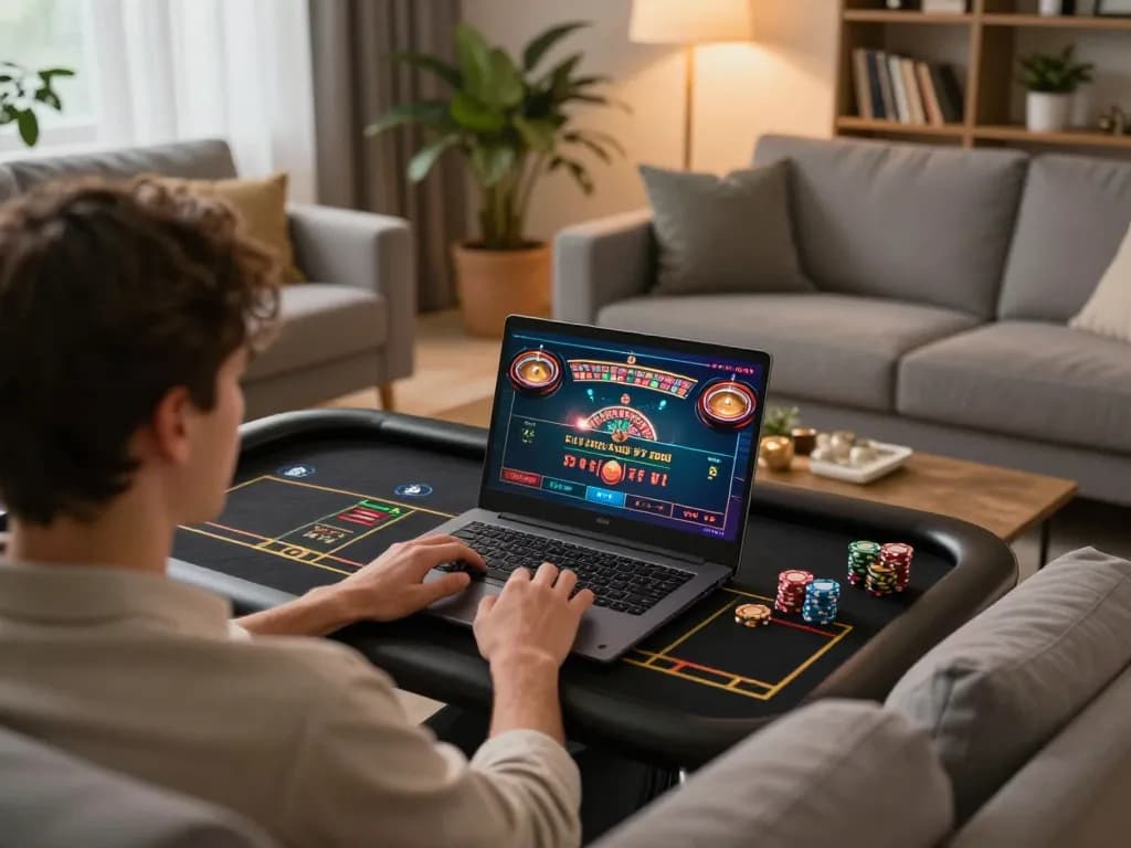 Kuwin player engaging in live dealer roulette game on a cozy sofa, showing dynamic online gaming experience