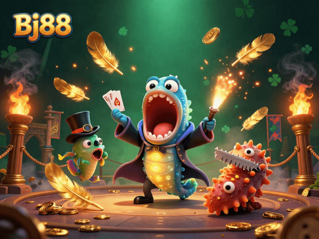 Bj88 showcases a vibrant magic act by a bioluminescent eel and an anglerfish in a casino setting filled with excitement.