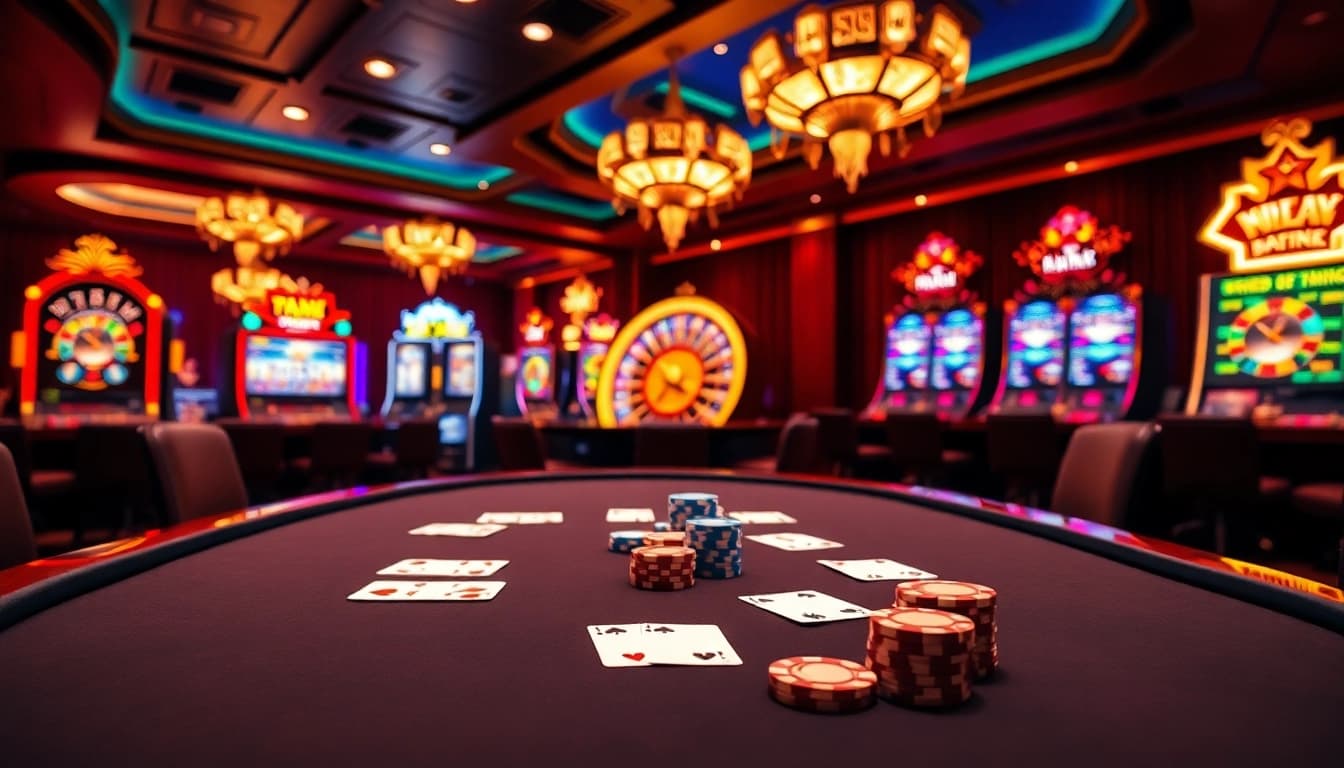 Lô Đề Trực Tuyến gaming excitement with luxurious casino tables and vibrant slot machines.