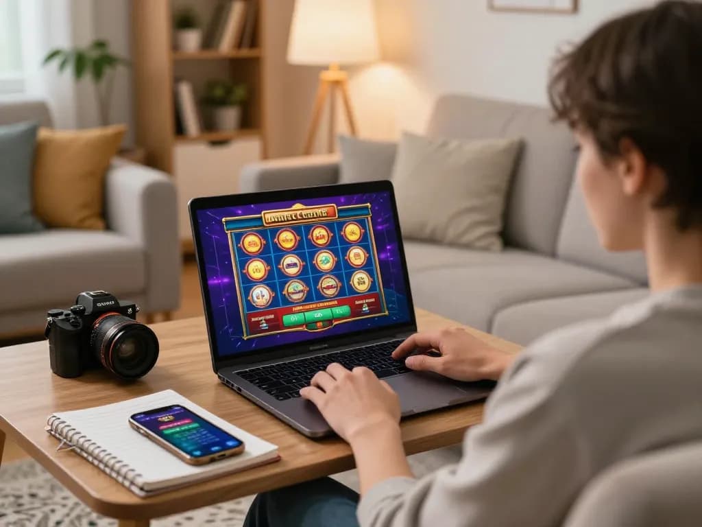 A person gaming at a credit card casino on a laptop, tracking spending with a notebook.