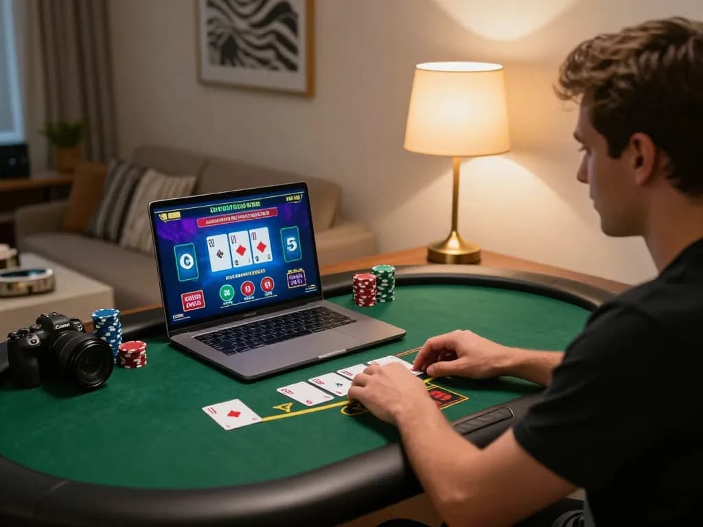 Pemain menikmati blackjack di rumah, menunjukkan permainan strategis untuk audiens creativeblogposts.