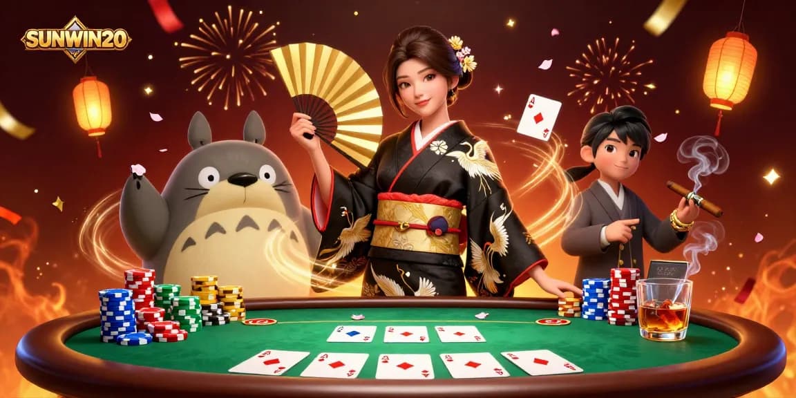 Join the excitement of SUNWIN20 at a poker table filled with vibrant elements and festive energy.