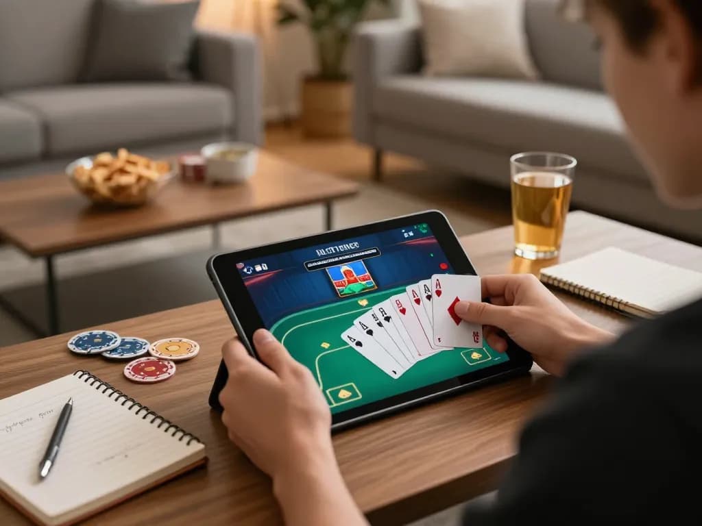 B52CLUB gaming experience with user engaged in poker strategy at home.