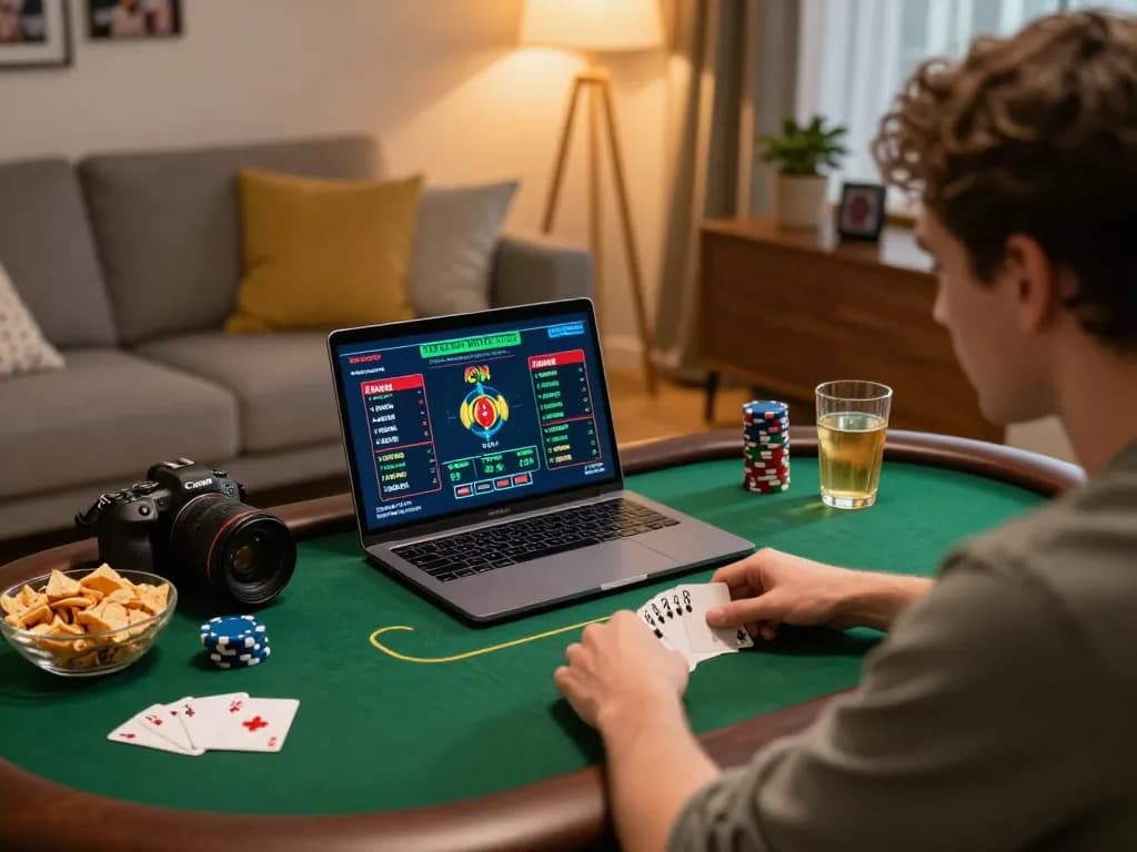 Player engaging in online poker gaming at home, highlighting urbanchandy gaming strategies and excitement