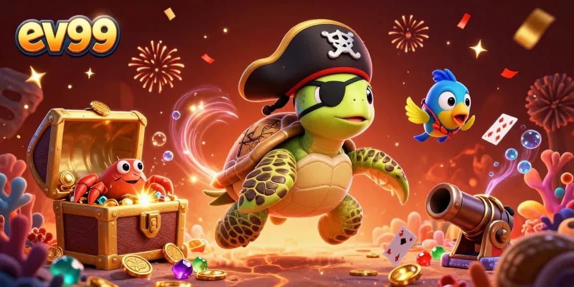 Experience excitement with ev99 as the pirate turtle, crab, and fish celebrate underwater treasures.