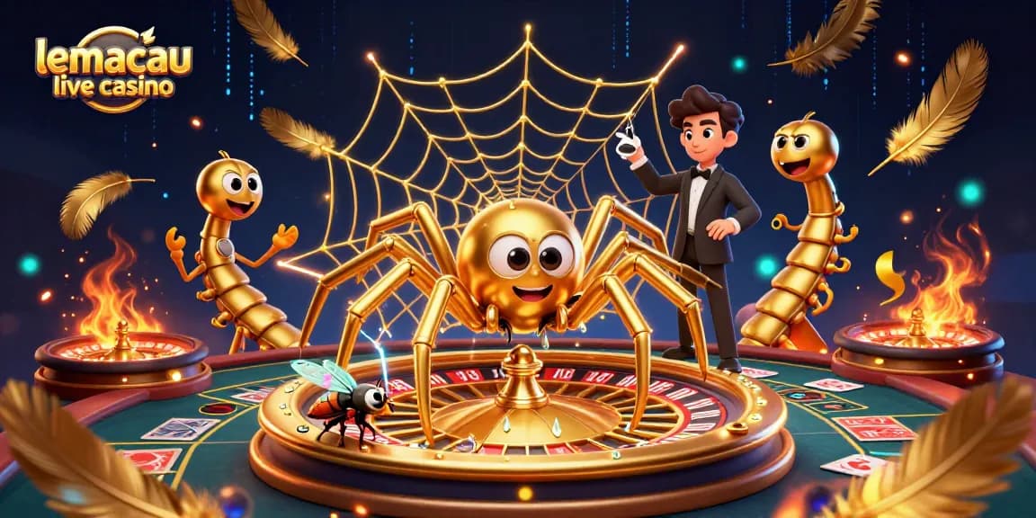 Experience excitement at lemacau live casino with a vibrant 3D scene featuring animated characters and casino elements.
