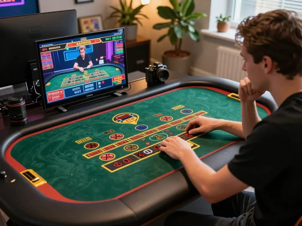 Player strategizing bets at cm88 online casino game on laptop, warm ambient lighting enhancing the experience