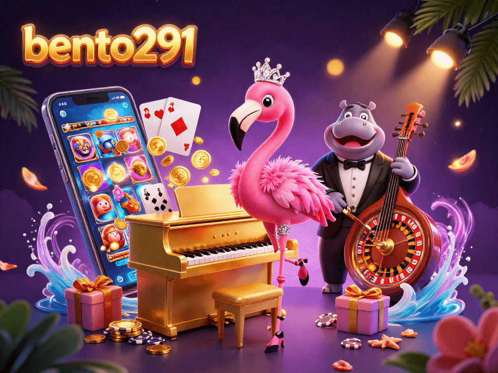 Experience the thrill of bento291 with vibrant casino characters and slot games in this dynamic scene.