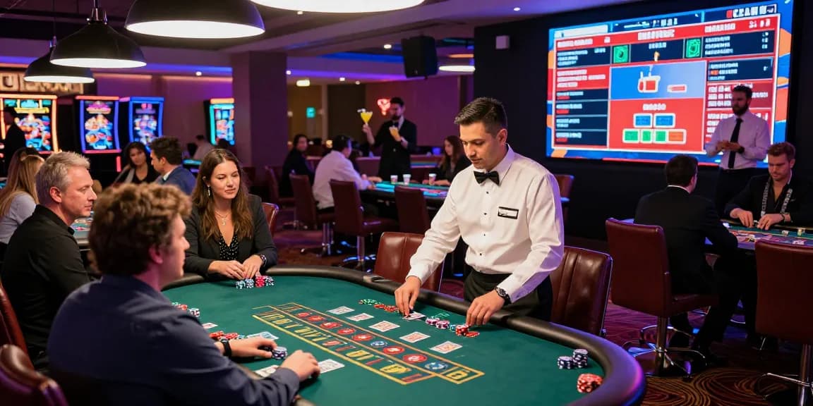 Players enjoying thrilling games at AA88 COM casino, vibrant atmosphere with neon lights and engaging dealers.