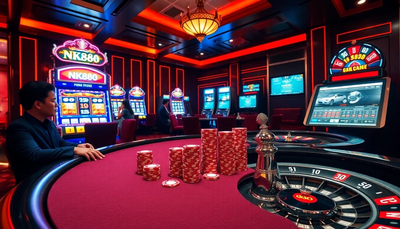 NK888 casino poker table featuring strategic chip betting with vibrant casino action and roulette wheel