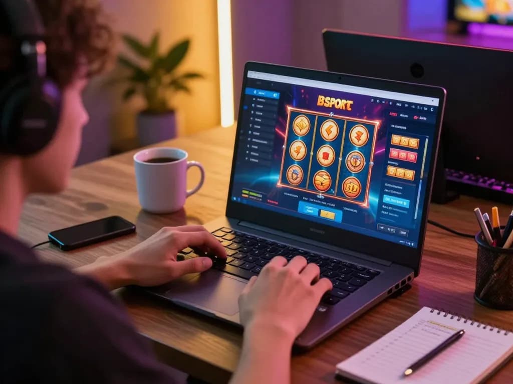 Player enjoying Bsport online gaming on a laptop with colorful slot graphics.