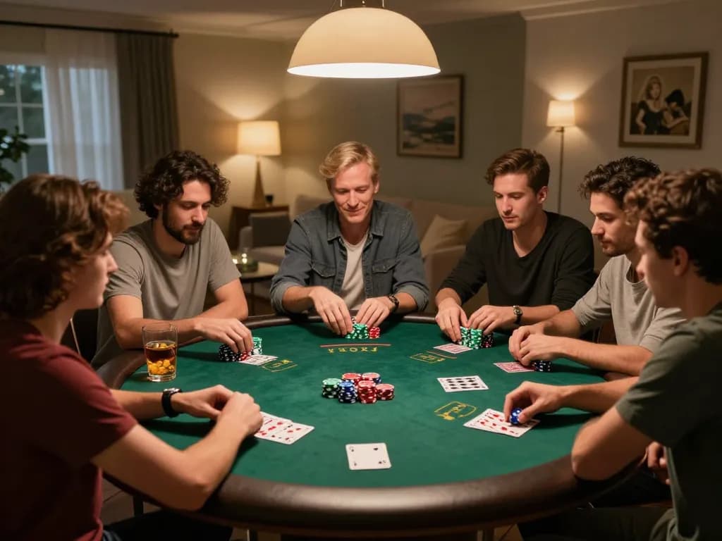 F8BET players enjoying a thrilling poker night, surrounded by chips and cards in a cozy home setting.