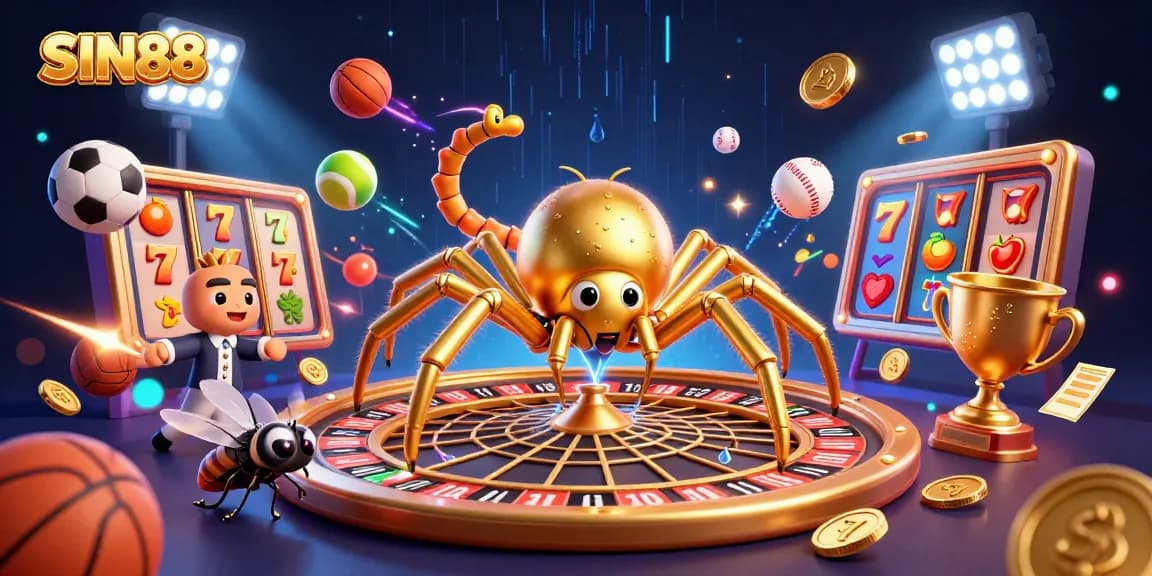 SIN88 casino scene featuring a golden spider spinning a roulette web while a fly nervously places bets, packed with vibrant game elements.