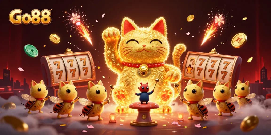 Experience the excitement of Go88 with a vibrant, lucky cat and gambling symbols in action.