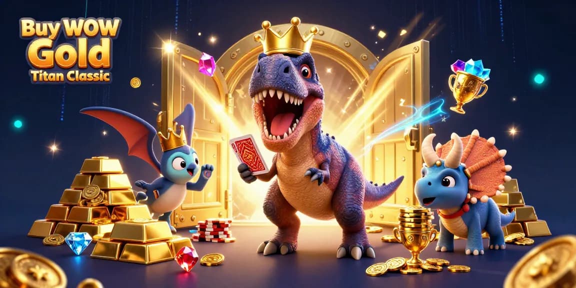 Engage with vibrant gaming fun as you Buy WoW Gold Titan Classic with colorful 3D dinosaur characters.