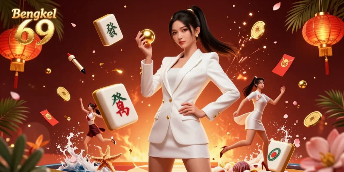 Bengkel 69 showcases an Asian woman in a tuxedo jacket, holding a roulette ball amid vibrant casino elements.