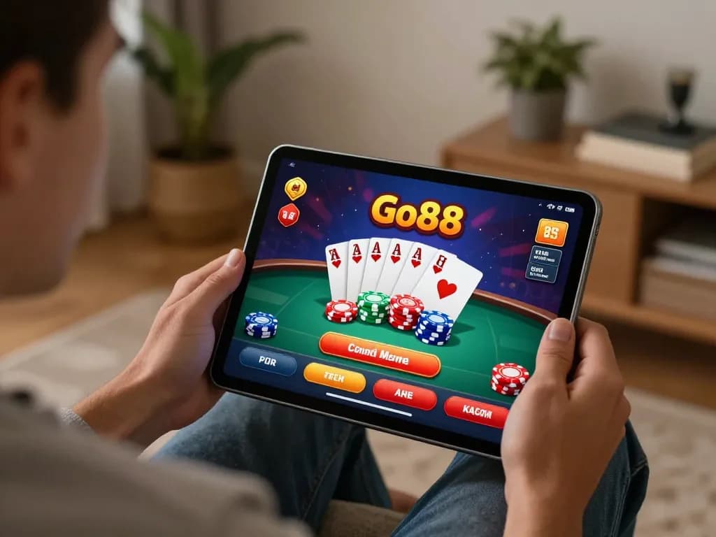 Engaging user enjoying the Go88 casino app on a tablet in a cozy home setting, showcasing strategic gameplay.