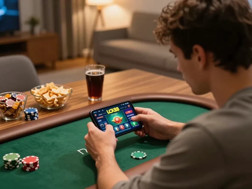 Enjoy mobile gaming on luck88 with a player focused on their smartphone in a cozy home setting