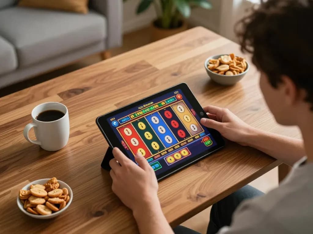 Playing slot games at home, enjoying a cozy gaming session on a tablet while sipping coffee