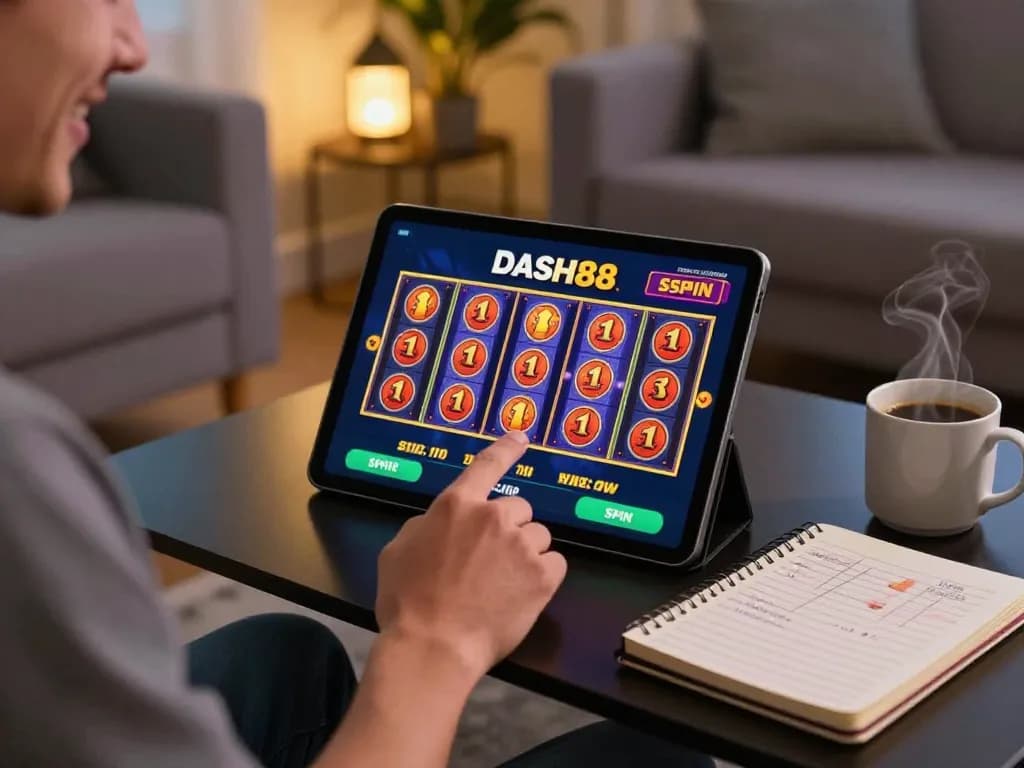 Engaging with the dash88 casino app while enjoying a cozy home environment.
