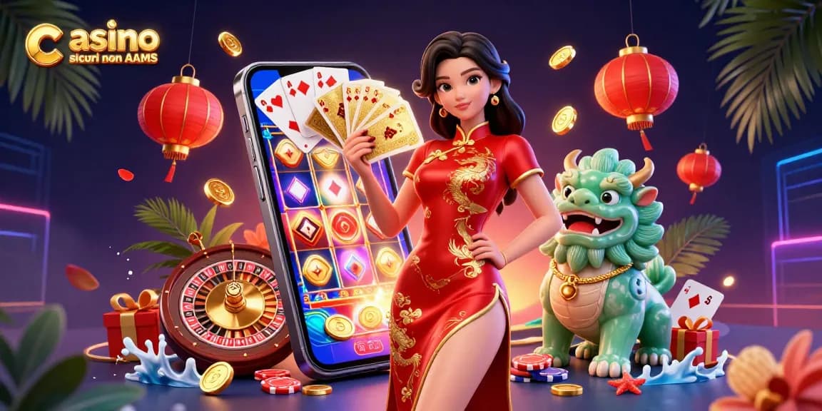Scena coinvolgente che illustra casino sicuri non AAMS con una donna in un qipao e elementi di gioco che la circondano.