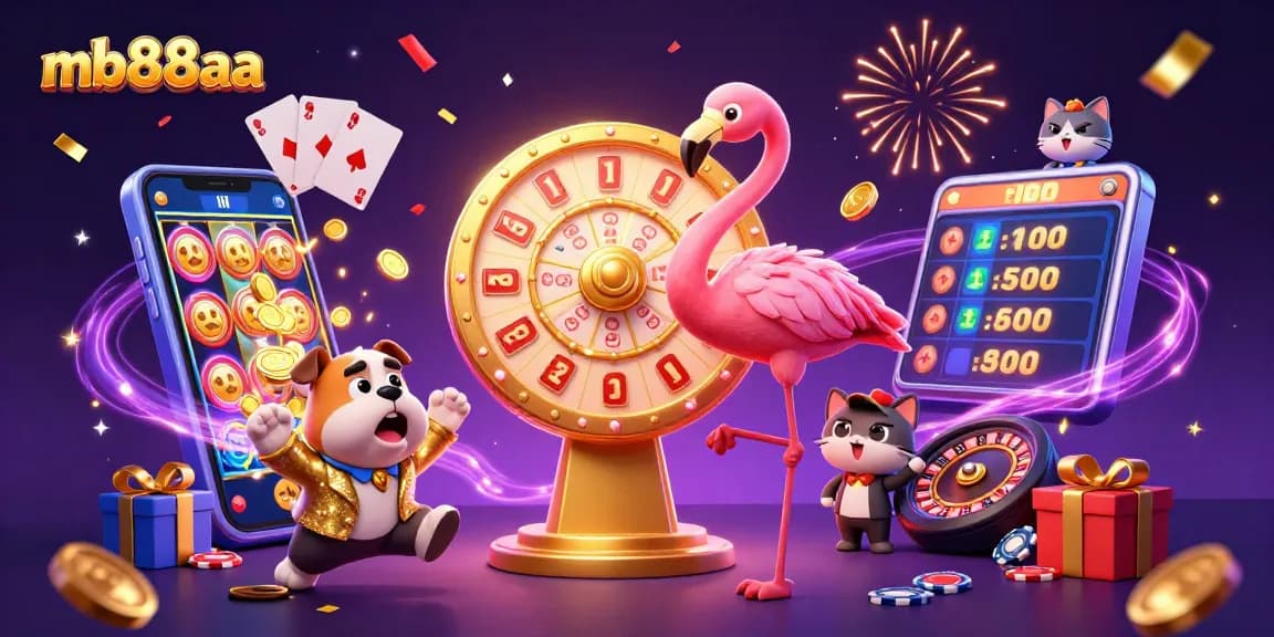 Play exciting games at mb88aa with a contest featuring a colorful prize wheel, slots, and more!
