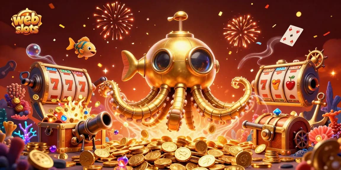 Engaging action in web slots with a golden kraken and spinning reels overcoming a treasure-filled sea.