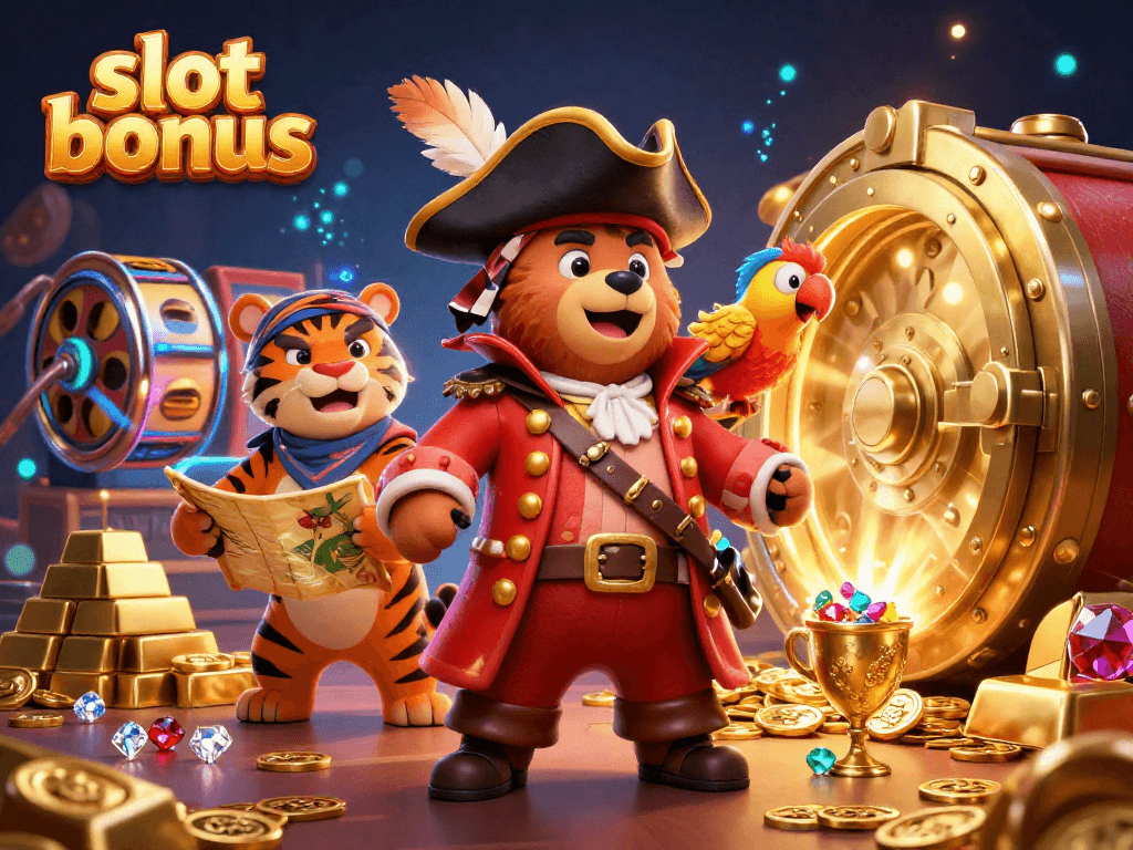 Spin to win with slot bonus, as a pirate bear and tiger discover treasures amidst gold and jewels.