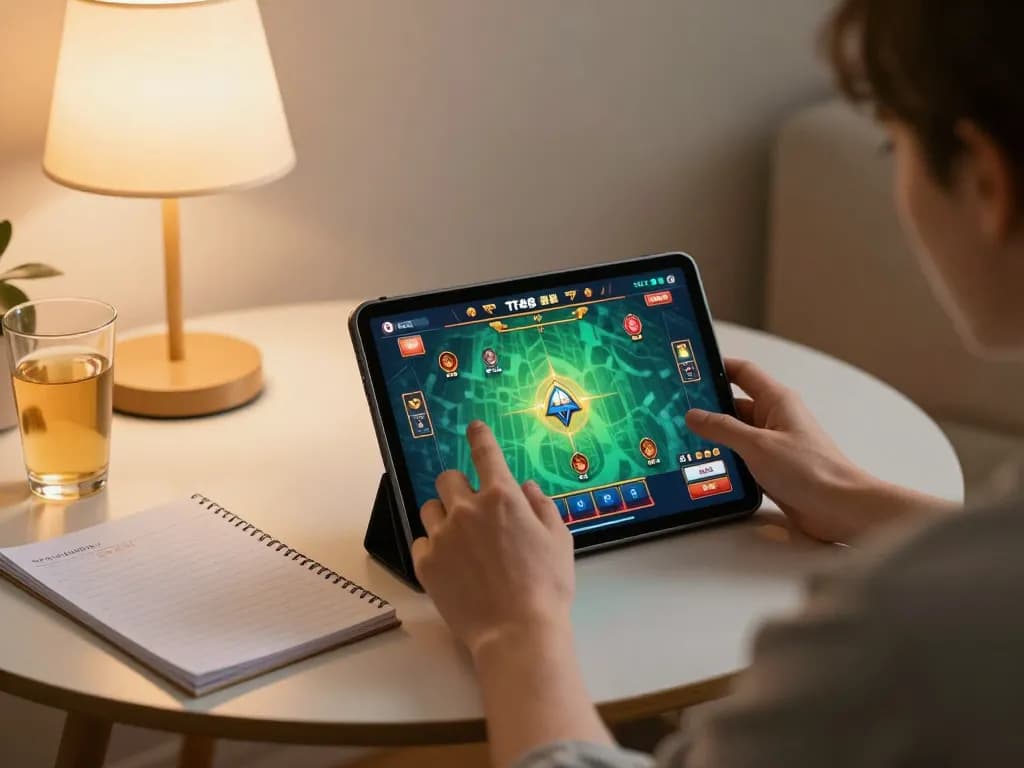 Player engaged in a Tr88 game, using a tablet to place bets in a cozy home setup.