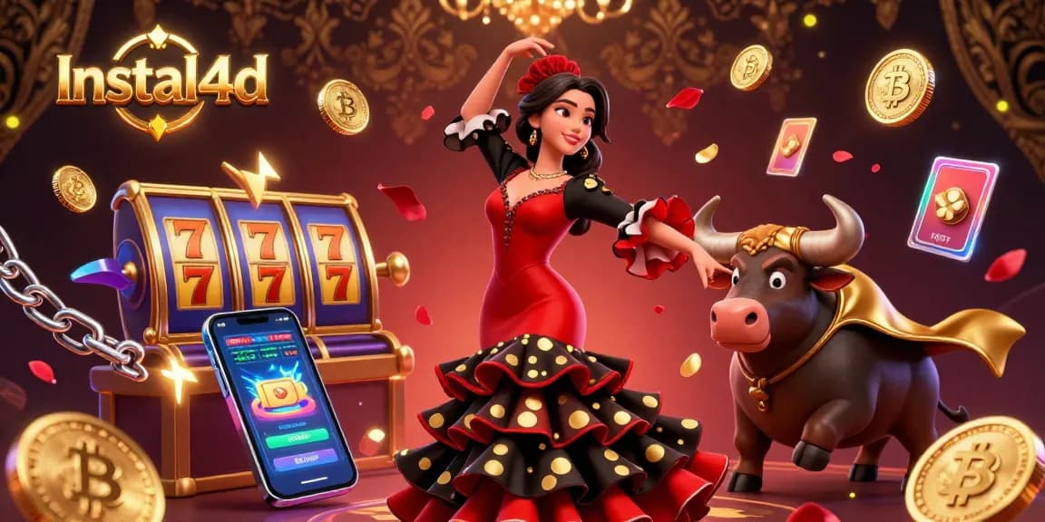 Engage in thrilling gameplay with Instal4d, featuring vibrant symbols, slots, and crypto elements.