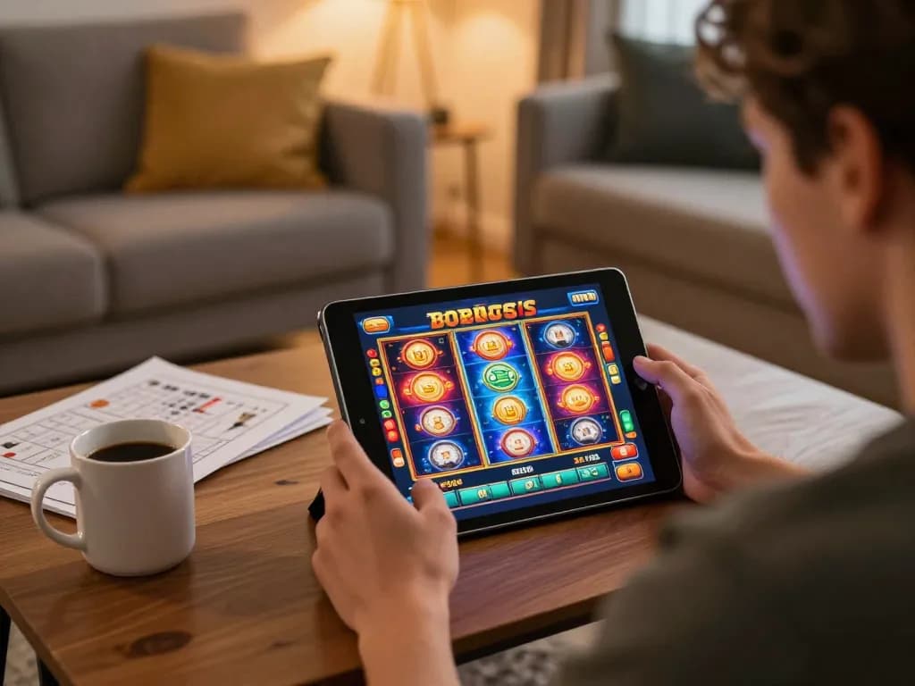 Player engaging in slot bonus gameplay on a tablet in a cozy home setup
