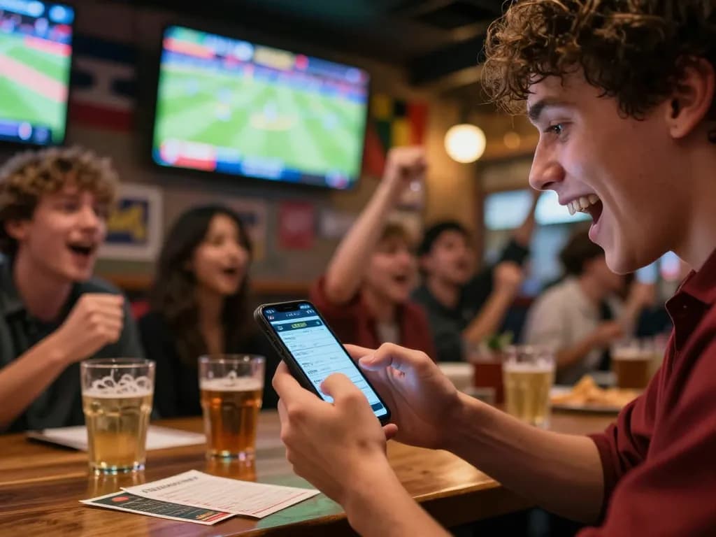 Engaging in sports betting via smartphone at nhà cái bóng đá 388bet in a lively sports bar.