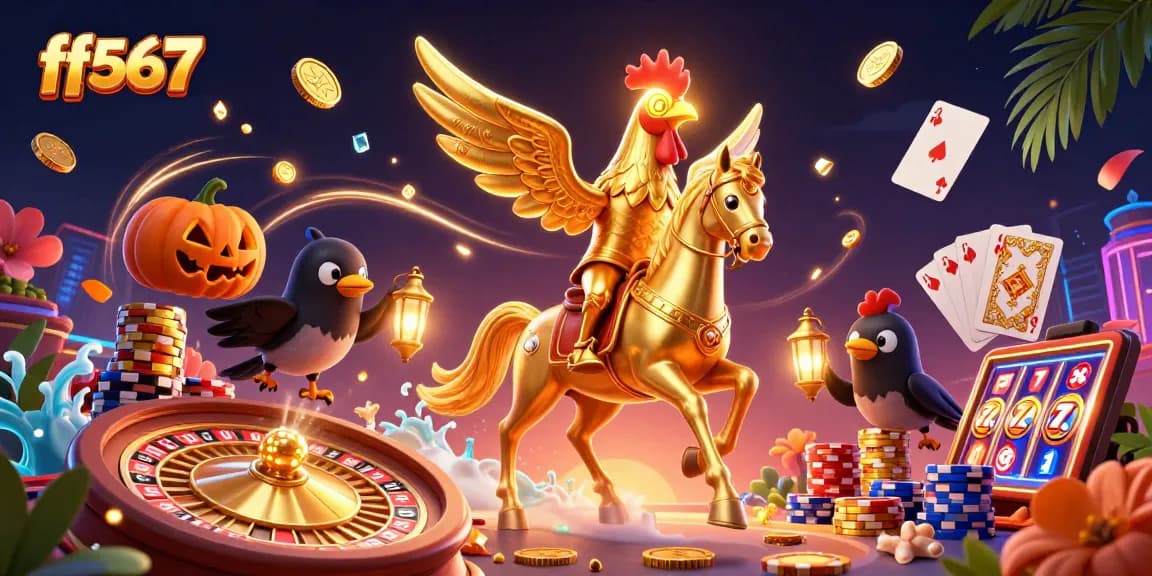 Jogando no ff567 com um galo dourado e um cassino vibrante ao fundo.
