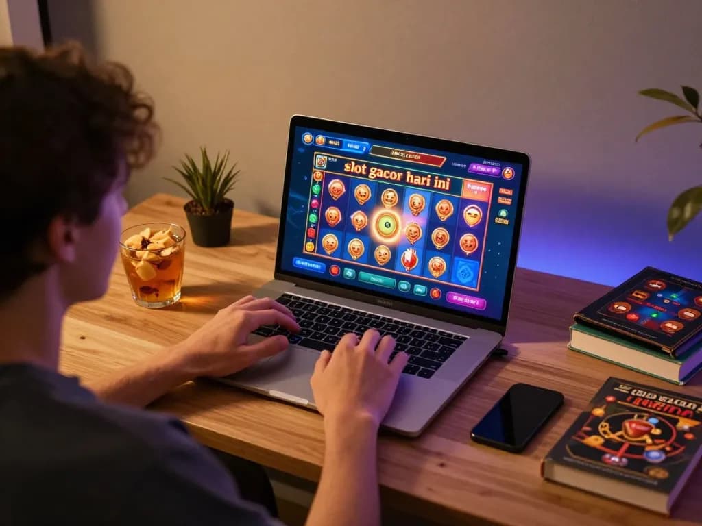 Engaged player using laptop for slot gacor hari ini gaming from home, cozy setup.