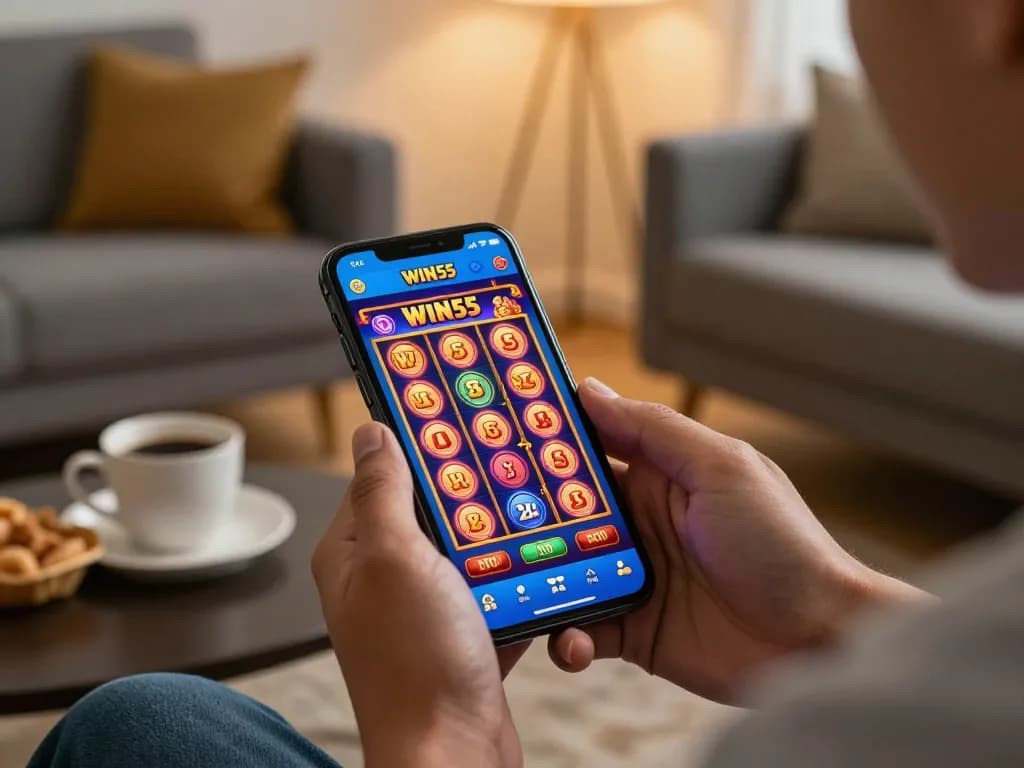 Player enjoying WIN55 app on smartphone in a cozy home setting, highlighting mobile gaming.