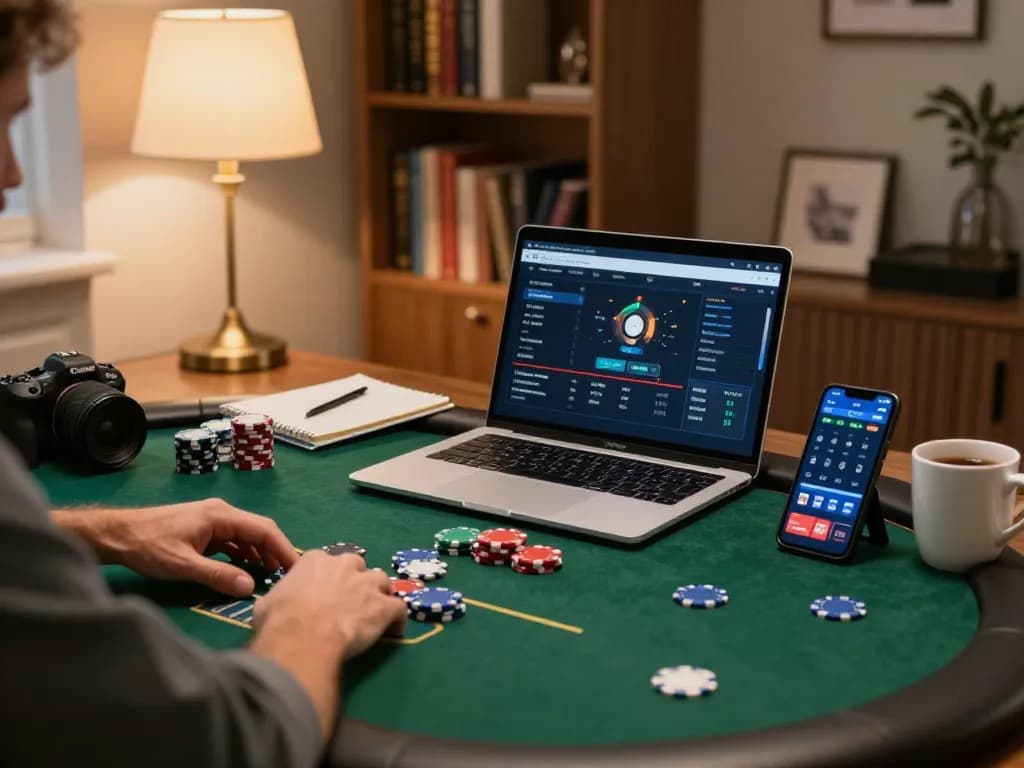 Player enjoys an engaging poker game at home with megaplus88 on the laptop, chips stacked and strategies noted.