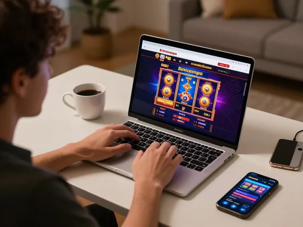 Momen menarik dengan permainan slot online Bintangmpo yang ditampilkan di laptop, menciptakan suasana bermain yang nyaman
