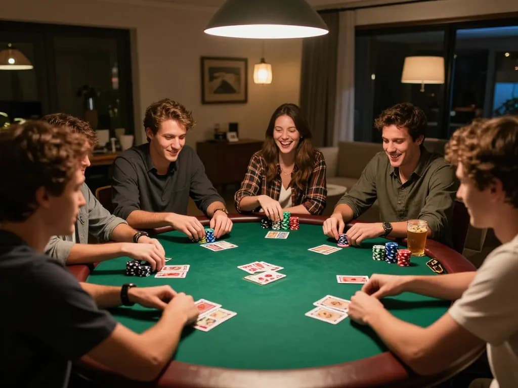Engaged friends enjoying a thrilling poker game night at home, showcasing the entertainment vibe of ZOWIN.