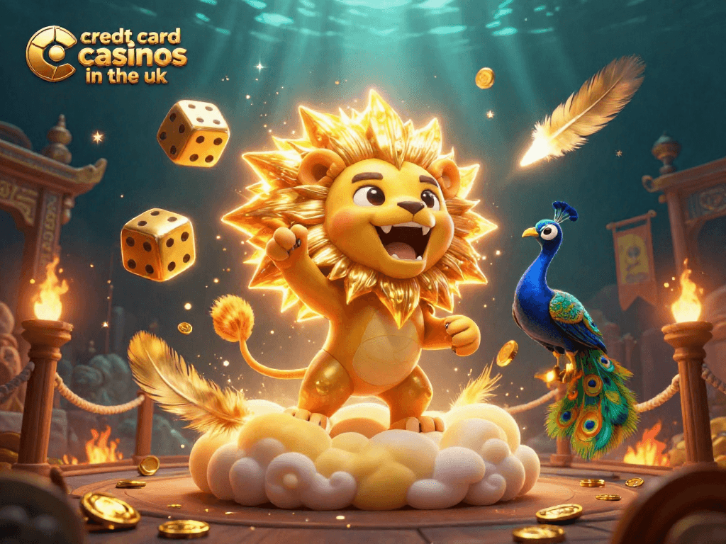 Engage with credt card casinos in the uk through an exciting scene featuring a roaring lion, golden dice, and vibrant casino elements.