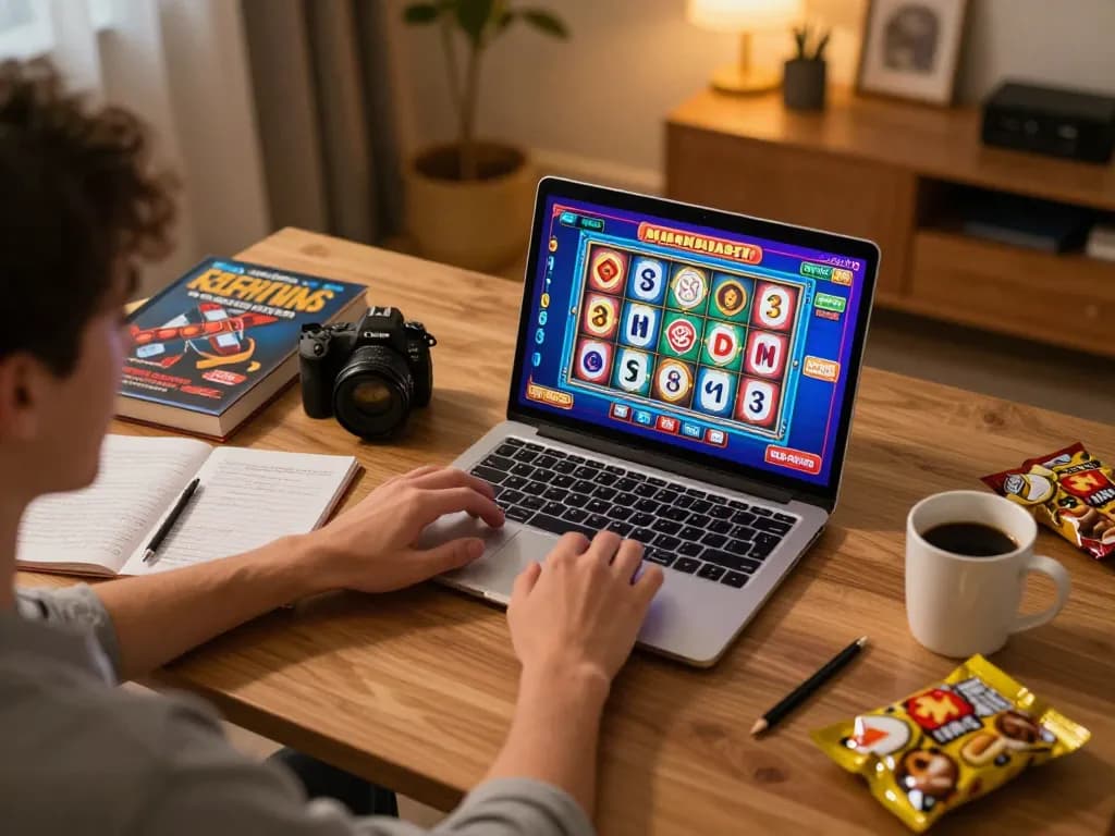 Player enjoying situs slot mahjong on laptop with colorful graphics in a cozy home environment.