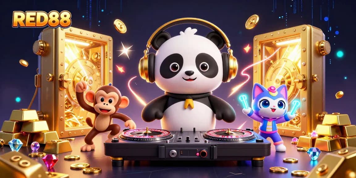 Join the exciting thrills at RED88 with a DJ panda, dancing monkey, and rave kitten in a vibrant casino scene.