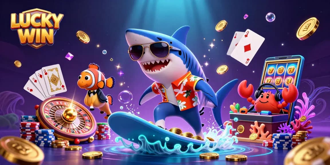Experience thrilling jackpot excitement with LUCKY WIN, featuring vibrant 3D characters amid cascading coins and casino elements.