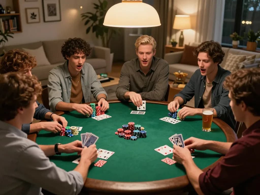 Friends enjoying a poker night; strategic gameplay with m105 chips at the table.