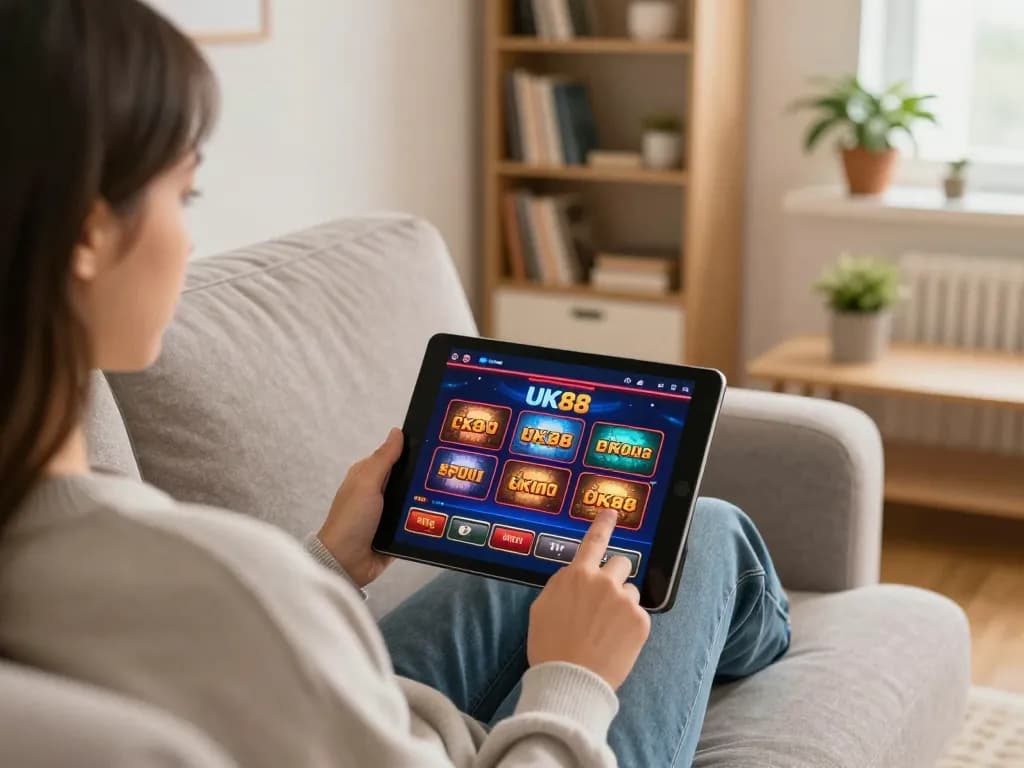 Engaging with the UK88 online casino app in a cozy home setting for responsible gaming.